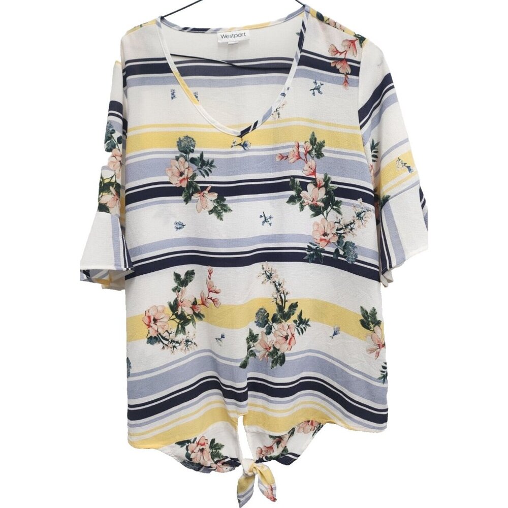 Westport BOHO Cottagecore Top Womens Large Floral‎ Striped Bell Sleeve Tie Hem